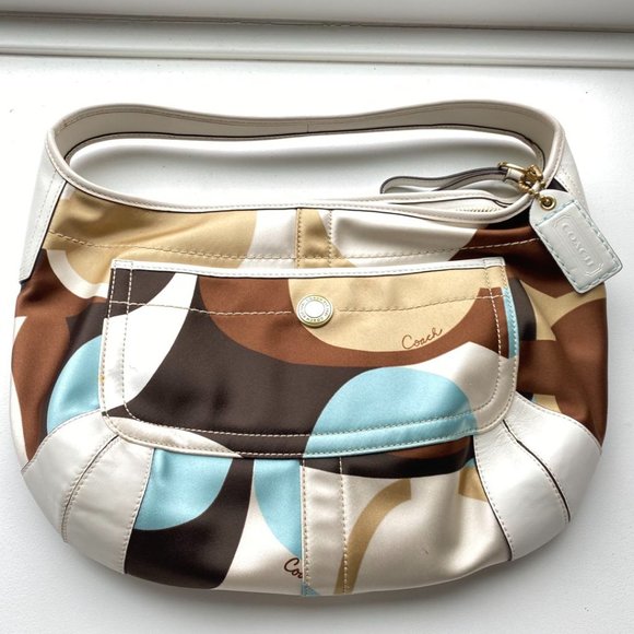 Ergo M0668-10781 Tan and Blue Multi-print Sateen with Leather Trim Hobo Bag - Picture 3 of 11
